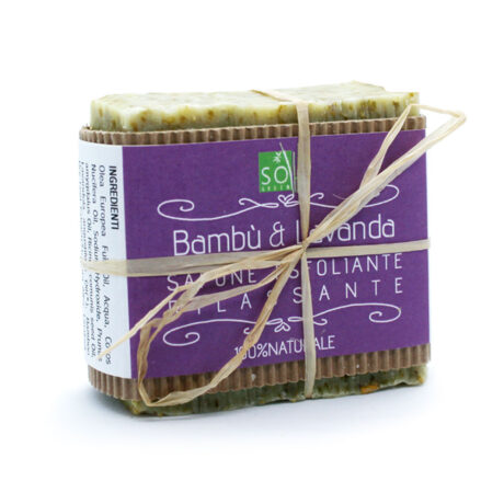 Sapone esfoliante alle foglie di bambù biologico e profumato agli estratti di lavanda.