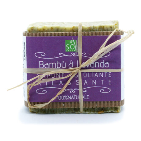 Sapone esfoliante alle foglie di bambù biologico e profumato agli estratti di lavanda.